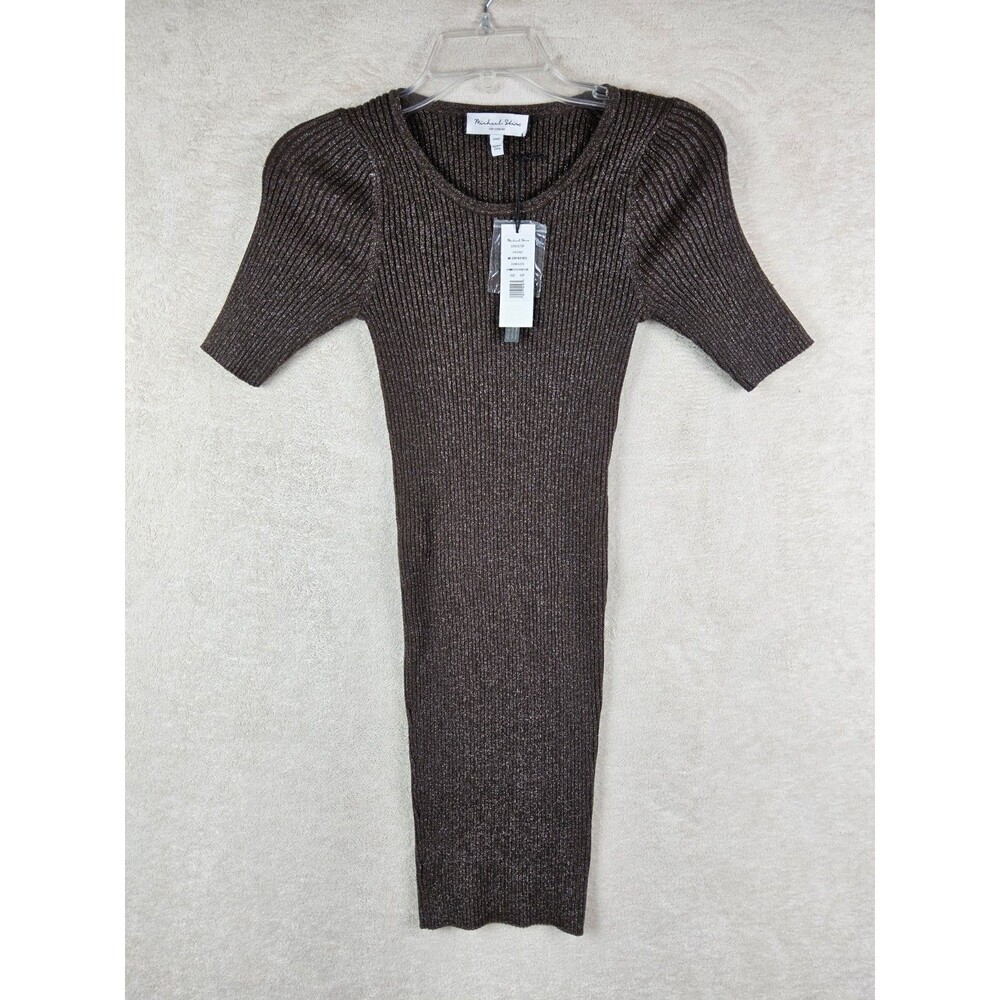 Michael Stars Ribbed Metallic Elbow Sleeve Stretch Knit Dress Petites Size XSP